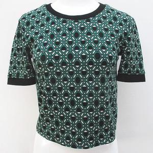 ザラ ZARA 半袖 ニット セーター ショート丈 S 緑系 グリーン 総柄 リブ 切替 ストレッチ レディース