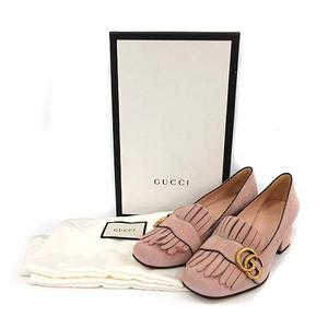 GUCCI フリンジ付きヒール ピンク　スエード　マーモント37 約24㎝ GUCCI フリンジ付きヒール ピンクスエードマーモント37 約24㎝