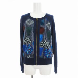 ポールスミス PAUL SMITH ノーカラージャケット カーディガン ニット 薄手 フルジップ ウール ラグランスリーブ 柄物 M 紺 ネイビー /MM レディース