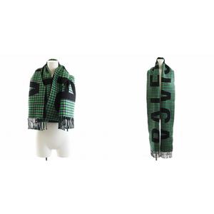 BALENCIAGA ロゴ入り マフラー グリーンxブラック バレンシアガ BALENCIAGA マフラー フリンジ チェック柄 ロゴ ウール