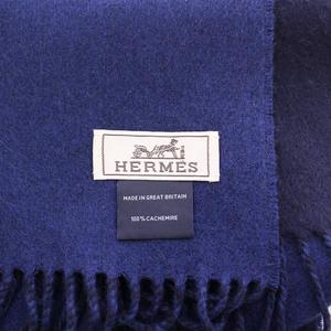 エルメス HERMES マフラー カシミヤ ロゴ 刺繍 バイカラー 紺 ネイビー /BB ■OH レディース