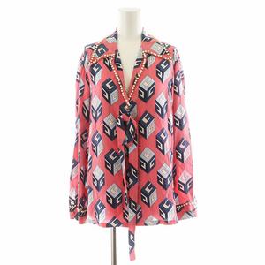グッチ GUCCI シャツ ブラウス 長袖 キューブ柄 パール装飾 リボン シルク 絹 36 ピンク 472123 /AN50 レディース
