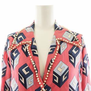 グッチ GUCCI シャツ ブラウス 長袖 キューブ柄 パール装飾 リボン シルク 絹 36 ピンク 472123 /AN50 レディース