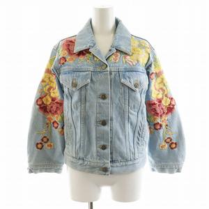 グッチ GUCCI デニムジャケット ジージャン Gジャン 花刺繍 裏地チェック柄 麻 リネン 38 インディゴ 505667 /AN15 レディース