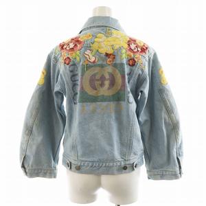 グッチ GUCCI デニムジャケット ジージャン Gジャン 花刺繍 裏地チェック柄 麻 リネン 38 インディゴ 505667 /AN15 レディース