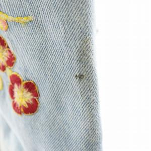 グッチ GUCCI デニムジャケット ジージャン Gジャン 花刺繍 裏地チェック柄 麻 リネン 38 インディゴ 505667 /AN15 レディース