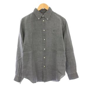 ラルフローレン RALPH LAUREN CLASSIC FIT ボタンダウンシャツ ブラウス 長袖 レギュラーカラー ロゴ 刺繍 ワンポイント 麻 リネン M グレー /BB レディース