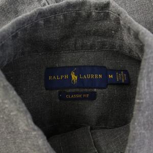 ラルフローレン RALPH LAUREN CLASSIC FIT ボタンダウンシャツ ブラウス 長袖 レギュラーカラー ロゴ 刺繍 ワンポイント 麻 リネン M グレー /BB レディース