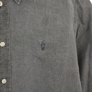 ラルフローレン RALPH LAUREN CLASSIC FIT ボタンダウンシャツ ブラウス 長袖 レギュラーカラー ロゴ 刺繍 ワンポイント 麻 リネン M グレー /BB レディース