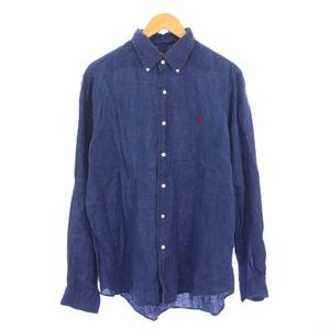 ラルフローレン RALPH LAUREN OCEAN WASH LINEN ボタンダウンシャツ カジュアル 長袖 レギュラーカラー ロゴ 刺繍 ワンポイント 麻 リネン L 紺 ネイビー /BB メンズ