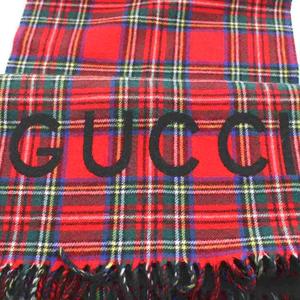 GUCCI グッチ ロゴ入り マフラー チェック柄 赤緑黒 グッチ GUCCI 19AW マフラー ウール カシミヤ混 フリンジ タータン