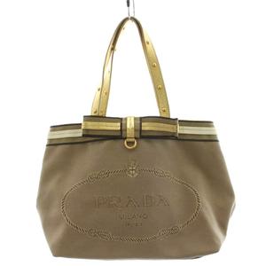プラダ PRADA 三角プレート トライアングルロゴ トートバッグ ハンドバッグ ロゴ リボン キャンバス レザー ベージュ ゴールド色 /AN20 ■OH レディース