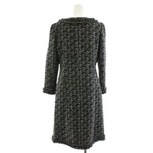 美品 Rene ルネ TISSUE社製ツイード ひざ丈ワンピース フレア 36M ルネ Rene Tissue社生地 ワンピース ひざ丈 ノーカラー ツイード 36 黒