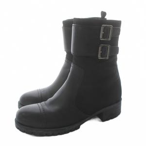 プラダ PRADA ショートブーツ サイドジップ レザー 切替 ナイロン ベルト 37 黒 ブラック 3T6109 /KU レディース