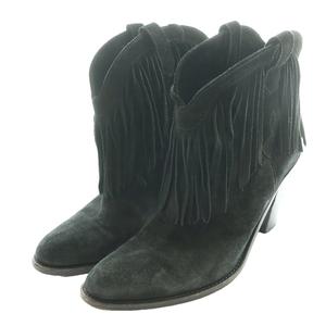 サンローラン パリ SAINT LAURENT PARIS ウエスタンフリンジショートブーツ ショート 39 黒 ブラック /SS ■OS レディース
