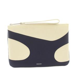 サルヴァトーレフェラガモ Salvatore Ferragamo カットアウトレザーポーチ クラッチバッグ ロゴ箔押し 白 ホワイト 紺 ネイビー 66-1323 /YT レディース