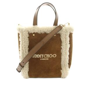 ジミーチュウ JIMMY CHOO ミニ エヌエス トート MINI NS TOTE ハンドバッグ ショルダーバッグ スエード ボア 茶 ブラウン 白 ホワイト /YT14 レディース