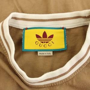 グッチ GUCCI アディダスオリジナルス adidas Originals Tシャツ カットソー クルーネック 半袖 ロゴプリント XS 茶 ブラウン 723405 XJE2D /YT23 レディース