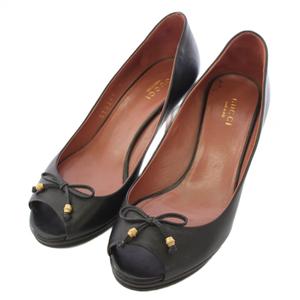 グッチ GUCCI パンプス リボン オープントゥ レザー 34 黒 ブラック /TK レディース