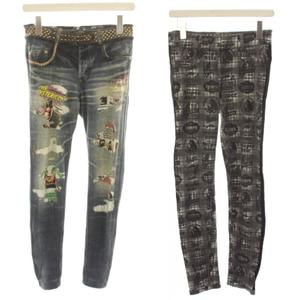 ヒステリックグラマー HYSTERIC GLAMOUR スキニーパンツ リバーシブル デニムプリント チェック 総柄 F グレー 青 ブルー 0133CP02 /HN レディース