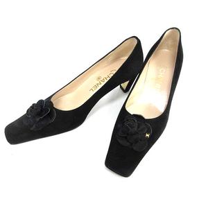 シャネル CHANEL カメリア パンプス スエード ヒール 36.5 黒 /☆G 