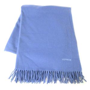 エルメス HERMES マフラー フリンジ カシミヤ100％ 大判 ブルー 青  