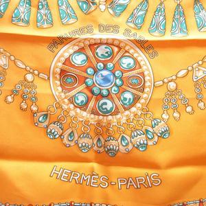 エルメス HERMES 美品 カレ90 PARURES DES SABLES 砂漠のアクセサリー スカーフ シルク ショール 大判 オレンジ ☆AA★ レディース