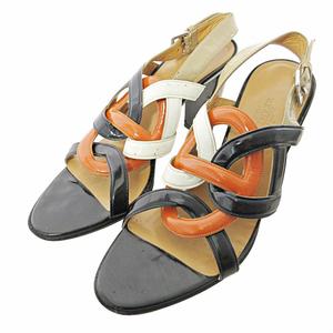 エルメス HERMES シェーヌダンクル サンダル チャンキーヒール スリングバック エナメル ハイヒール 37.5 24.5cm ブラック ホワイト オレンジ 0728 IBO78 レディース