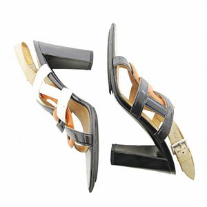 エルメス HERMES シェーヌダンクル サンダル チャンキーヒール スリングバック エナメル ハイヒール 37.5 24.5cm ブラック ホワイト オレンジ 0728 IBO78 レディース