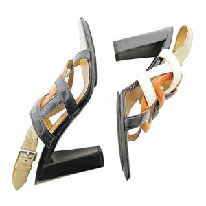 エルメス HERMES シェーヌダンクル サンダル チャンキーヒール スリングバック エナメル ハイヒール 37.5 24.5cm ブラック ホワイト オレンジ 0728 IBO78 レディース