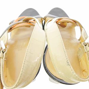 エルメス HERMES シェーヌダンクル サンダル チャンキーヒール スリングバック エナメル ハイヒール 37.5 24.5cm ブラック ホワイト オレンジ 0728 IBO78 レディース