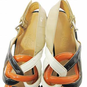 エルメス HERMES シェーヌダンクル サンダル チャンキーヒール スリングバック エナメル ハイヒール 37.5 24.5cm ブラック ホワイト オレンジ 0728 IBO78 レディース