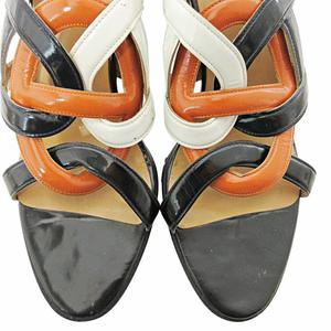 エルメス HERMES シェーヌダンクル サンダル チャンキーヒール スリングバック エナメル ハイヒール 37.5 24.5cm ブラック ホワイト オレンジ 0728 IBO78 レディース
