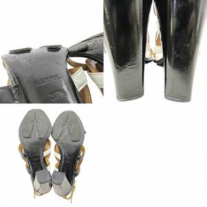 エルメス HERMES シェーヌダンクル サンダル チャンキーヒール スリングバック エナメル ハイヒール 37.5 24.5cm ブラック ホワイト オレンジ 0728 IBO78 レディース
