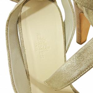 エルメス HERMES スウェード リボン サンダル ヒール 36.5 23.5cm ゴールド 0728 IBO78 レディース