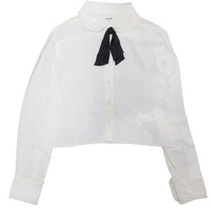 セリーヌ CELINE 23AW ROMY CROPPED SILK SHIRT クロップド シルクシャツ ブラウス リボン 短丈 長袖 国内正規 白 ホワイト 38 ■MNK1 レディース