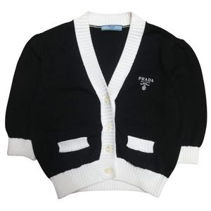 プラダ PRADA 美品 2023年 クロップド コットン カーディガン ロゴ刺繍 ニット バイカラー 40 黒 ブラック 白 ホワイト P25I04 S211 ■MNK5 レディース