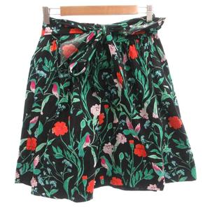 未使用品 ケイトスペード KATE SPADE タグ付 ベルテッドスカート 総柄 ひざ丈 0 黒 /FF IBO102 レディース