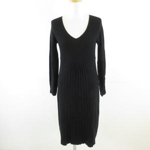 モザイク MOSAIQUE ニットワンピース 長袖 ひざ丈 Vネック 黒 M *T398 レディース