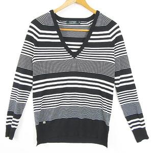 ローレンラルフローレン LAUREN RALPH LAUREN ニット カットソー 長袖 Vネック レーヨン 絹 XXS ブラック ボーダー 小さいサイズ kz12193 レディース