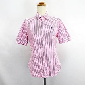 ラルフローレン RALPH LAUREN シャツ ブラウス 半袖 ストライプ 比翼 ロゴ コットン 2 ピンク ※EKM レディース