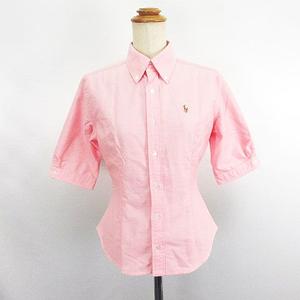 ラルフローレン RALPH LAUREN シャツ ブラウス 五分袖 ボタンダウン ウエストシェイプ ロゴ 刺繍 コットン 7 ピンク ※EKM レディース