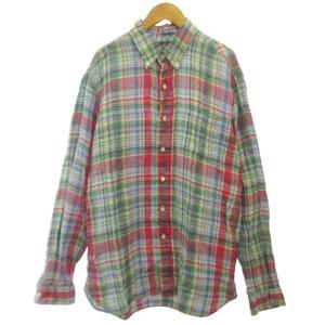 ラルフローレン RALPH LAUREN CUSTOM FIT 美品 リネン チェックシャツ BDシャツ 長袖 マルチカラー Lサイズ メンズ