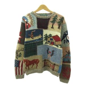 ラルフローレン RALPH LAUREN カントリー COUNTRY ヴィンテージ 80s 90s ニット セーター パッチワーク 総柄 ウール 長袖 M マルチカラー 1005 ☆AA★ メンズ