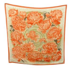 エルメス HERMES 美品 Les Pivoines 芍薬 牡丹 カレ90 スカーフ 花柄 絹 シルク ピンク 白 ホワイト 0615 レディース