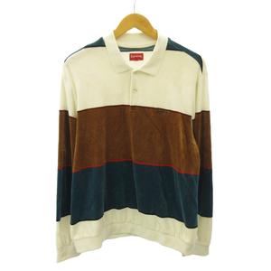 シュプリーム SUPREME 19AW Stripe Velour ポロシャツ ライン ベロア 長袖 L 白 茶 緑 ホワイト ブラウン グリーン 0724 メンズ