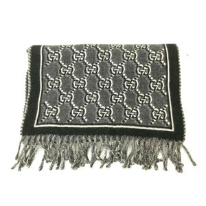 グッチ GUCCI 美品 GGシャドウ ジャカード マフラー 総柄 ウール フリンジ 黒 ブラック グレー 795276 4G200 0724 メンズ