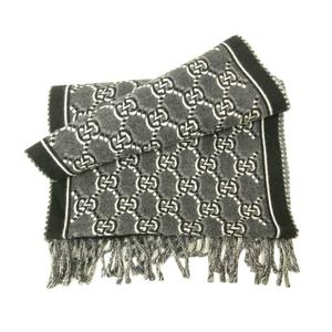 グッチ GUCCI 美品 GGシャドウ ジャカード マフラー 総柄 ウール フリンジ 黒 ブラック グレー 795276 4G200 0724 メンズ