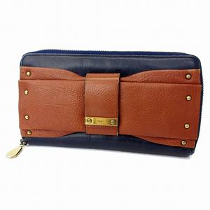 クロエ CHLOE 長財布 ラウンドファスナー リボン レザー 紺 茶 