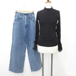 未使用品 グレイル GRL ヘザー Heather ニット デニム 2枚セット 長袖 ハイネック フリンジ レース ワイド ロング丈 ハイウエスト 黒 インディゴ ブルー ブラック S レディース